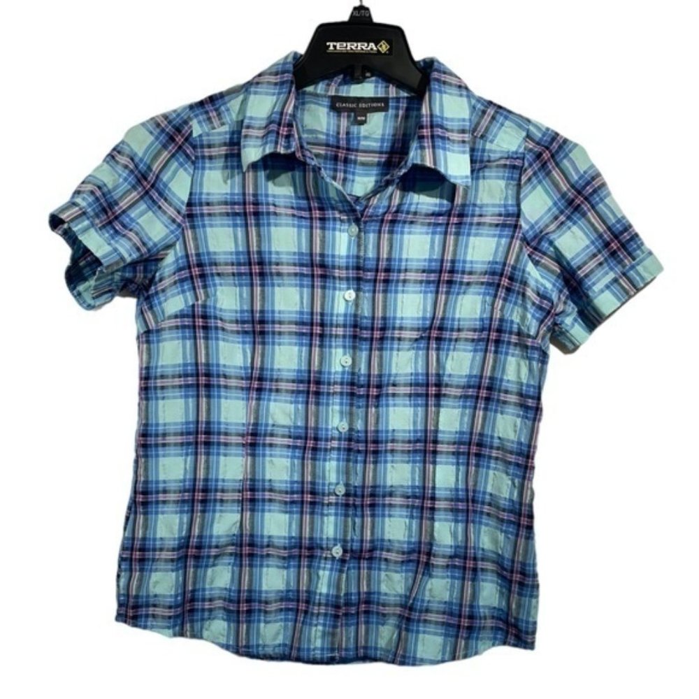 Classic Editions Womens Plaid Fitted Shirt Button Down Short Sleeve
